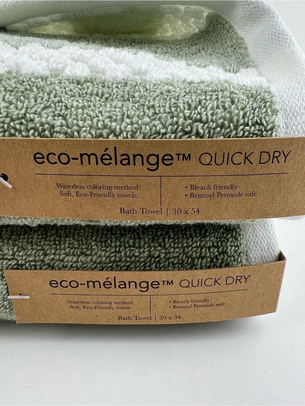 Eco Melange Bath Towels Green White Quick Dry Soft 100% Cotton 2 Pc Set NEW